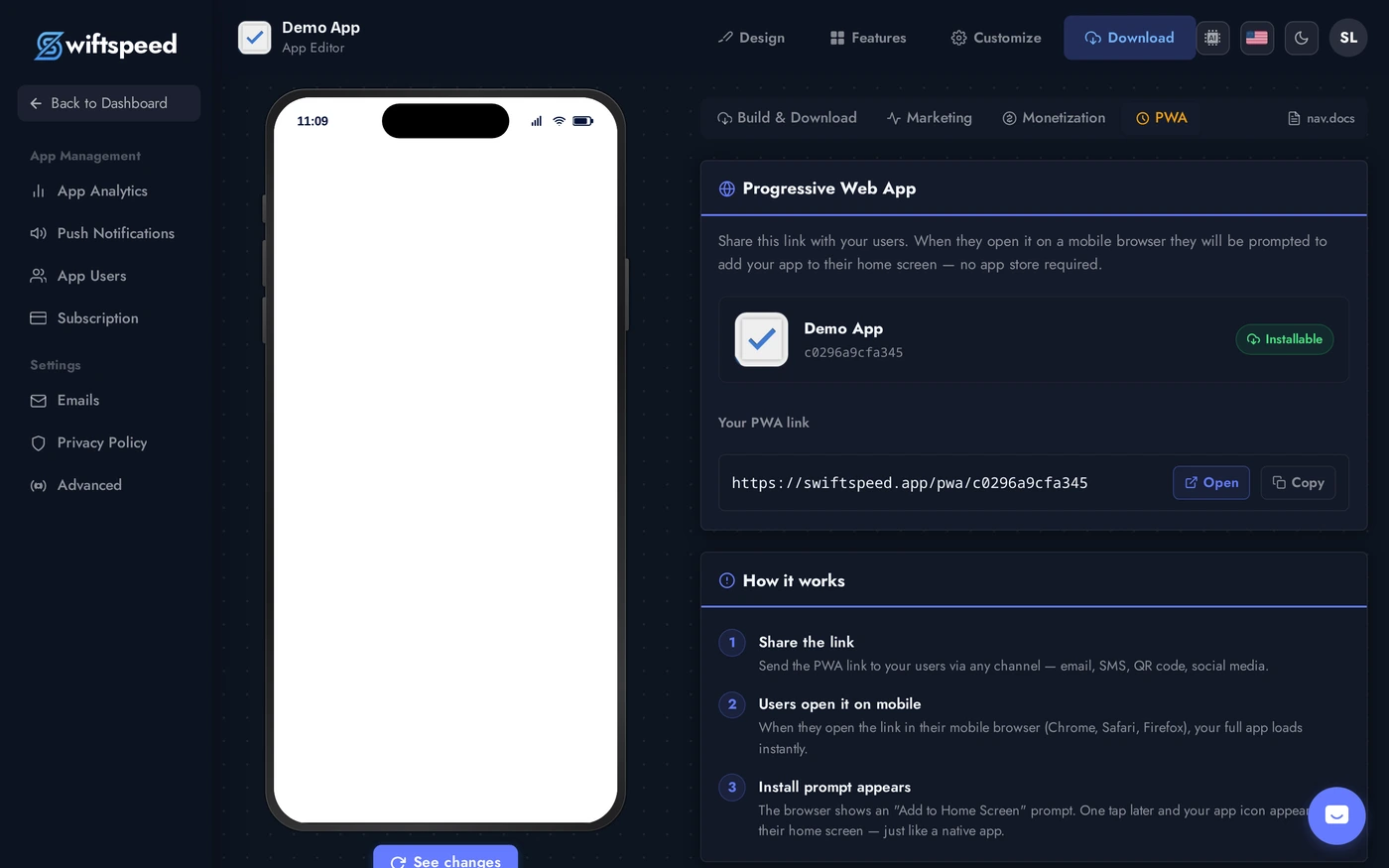 PWA tab on the Publish page