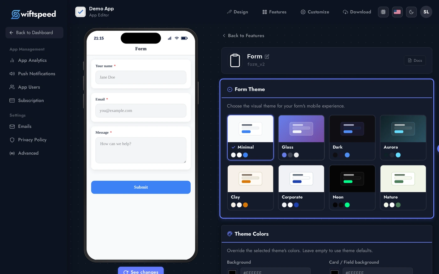 Form editor with three demo fields (Name, Email, Message) added to the builder