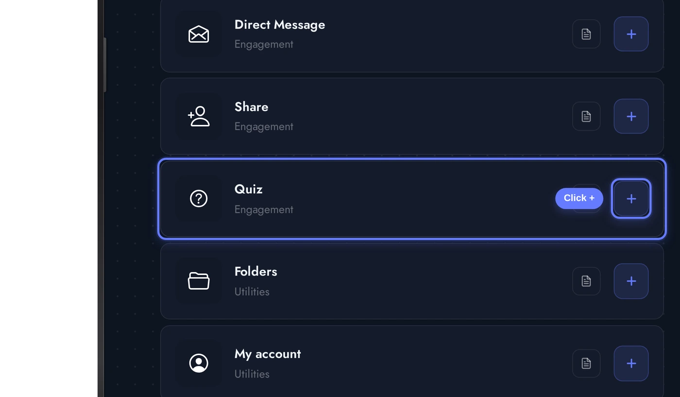 Add a Page list with the Quiz card highlighted