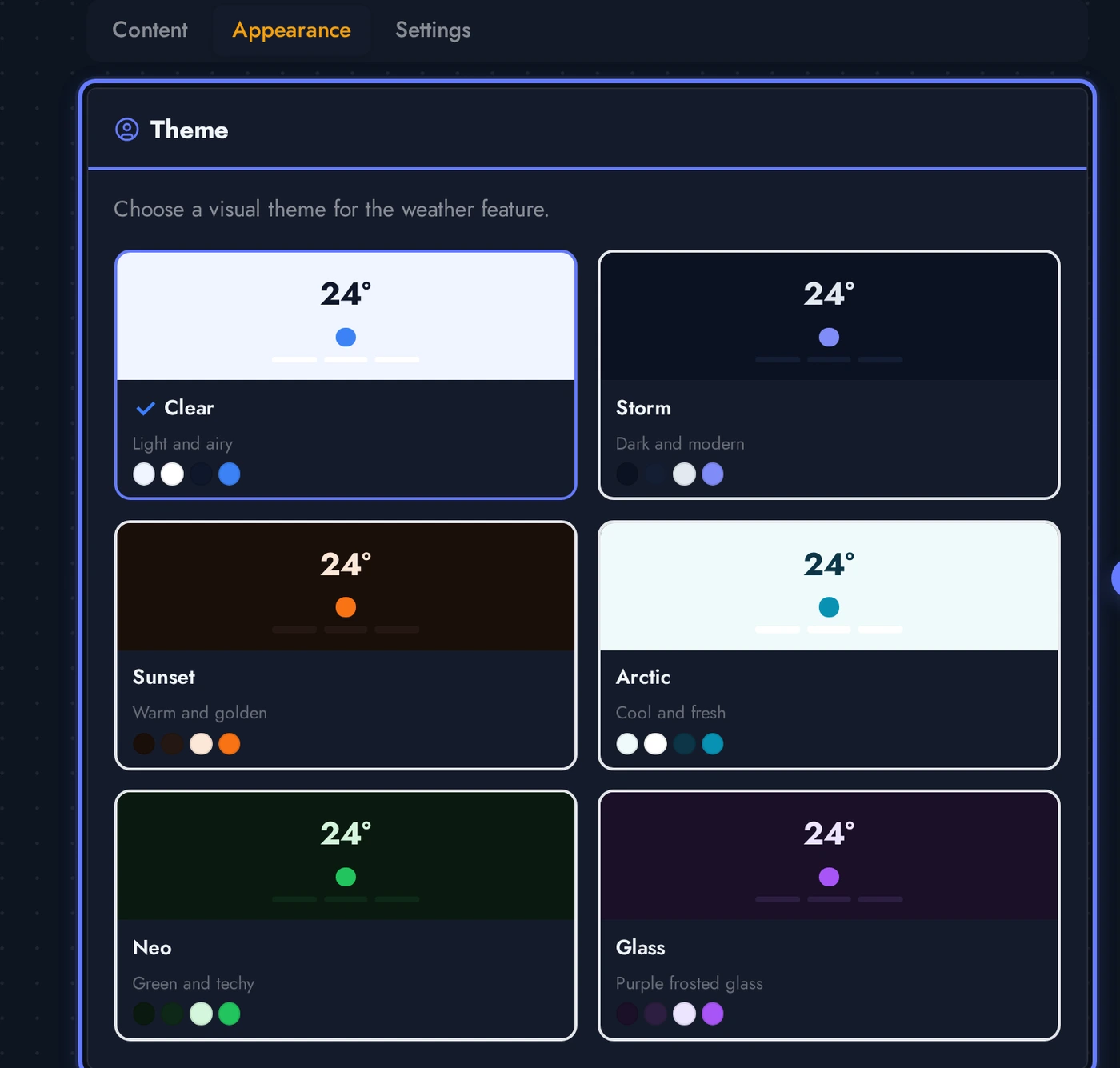 Weather editor Appearance tab showing the theme grid
