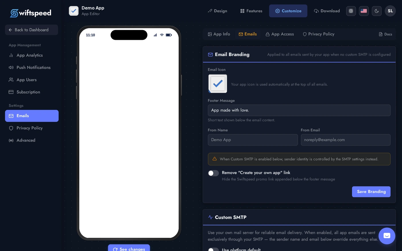 Settings Emails page