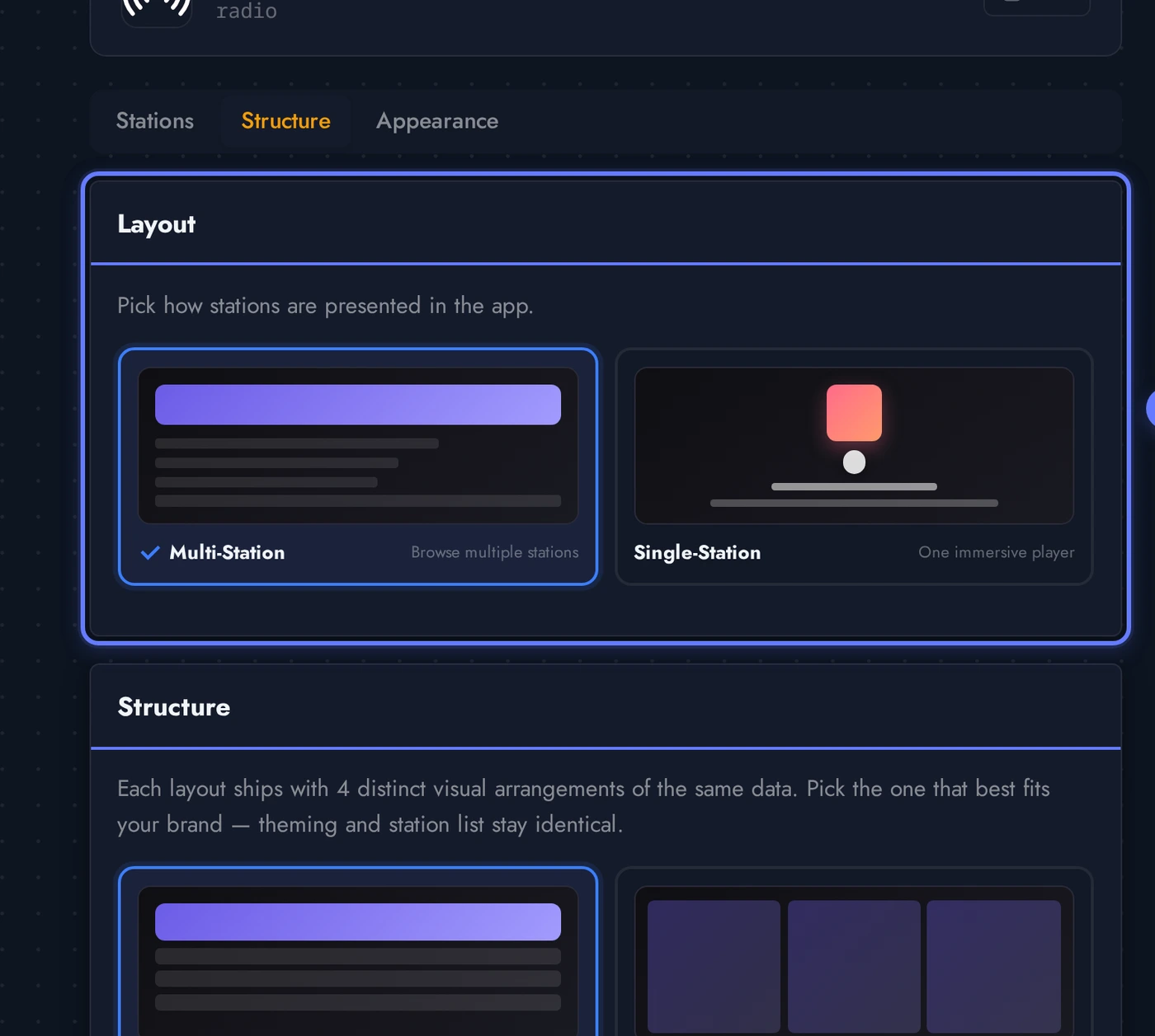 Radio editor Structure tab showing layout, home structure, single structure, and behaviour toggles