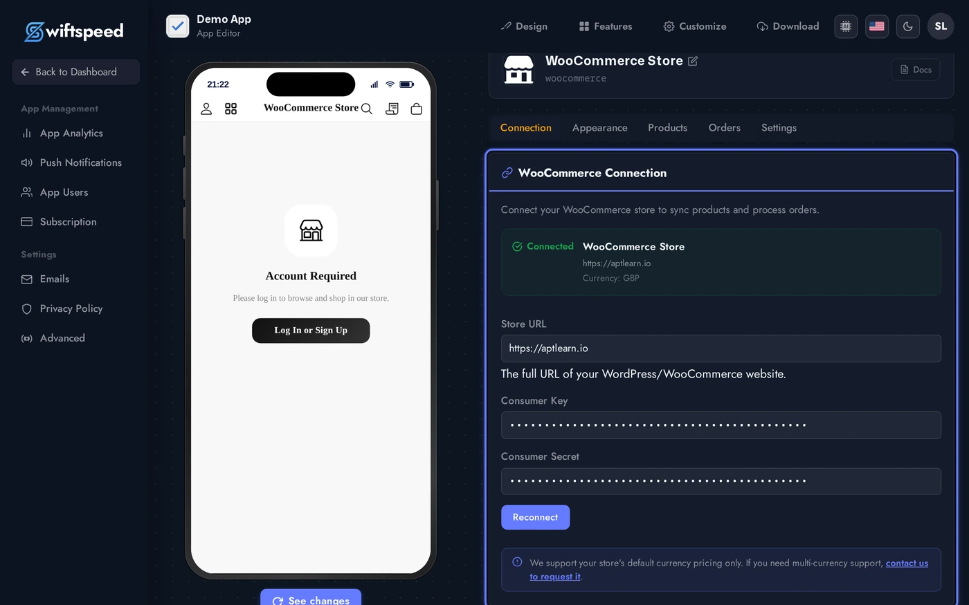 WooCommerce editor showing the green Connected badge after successfully verifying the API keys, with the store name and currency displayed