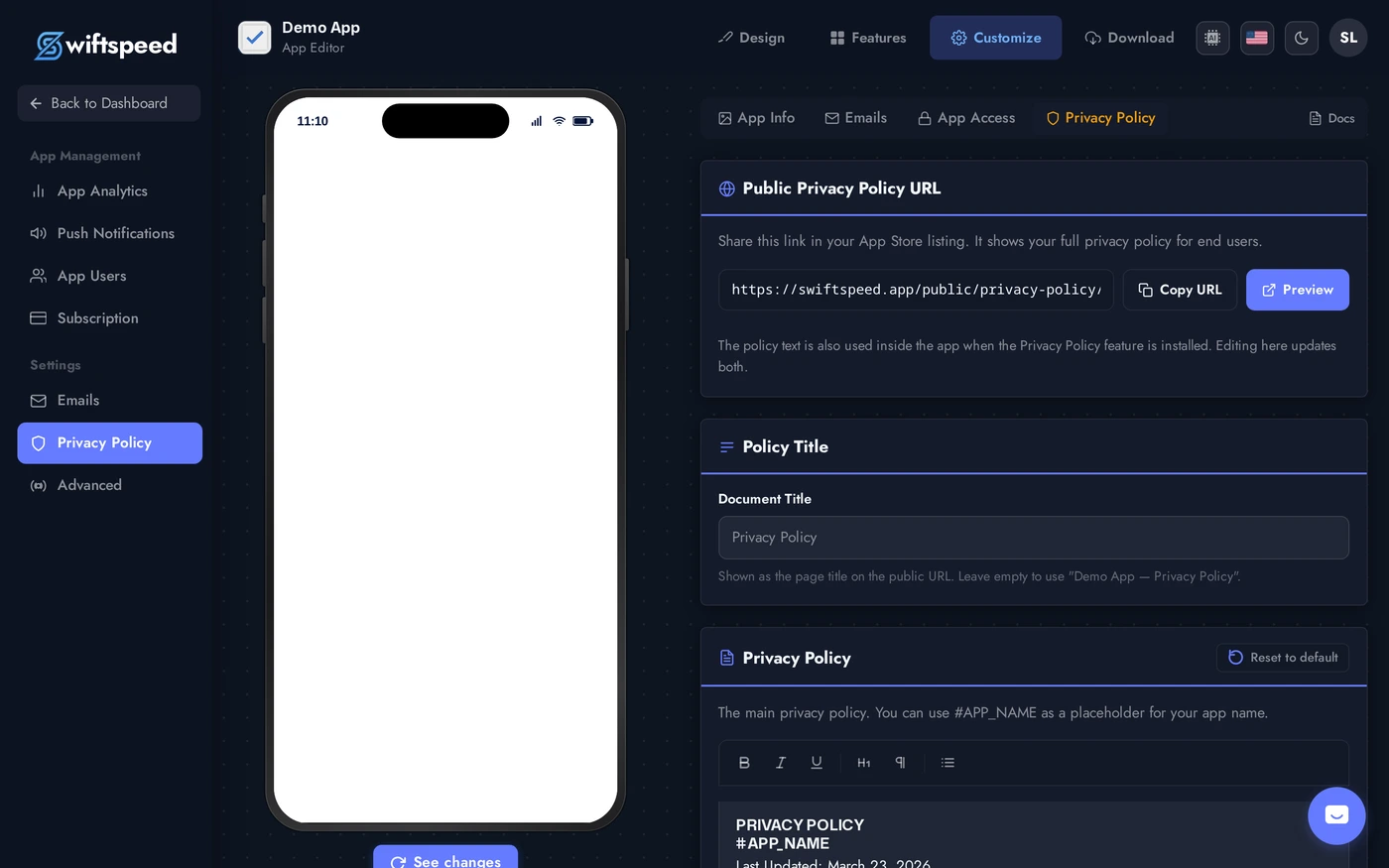 Privacy Policy settings page