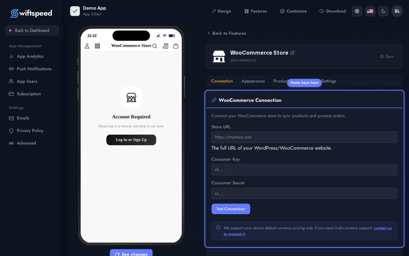 WooCommerce editor connection tab with Store URL, Consumer Key, and Consumer Secret fields plus the Test Connection button