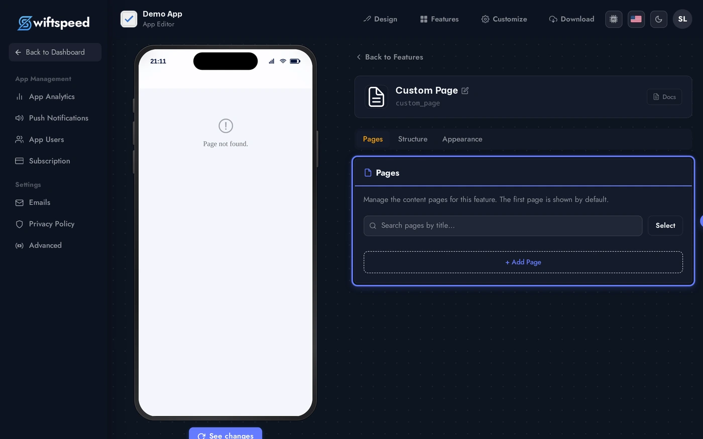 Custom Page editor on the Pages tab showing categories and the page builder