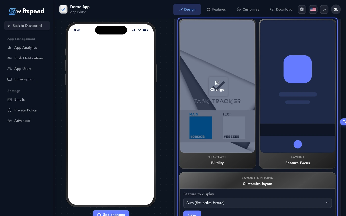 App Editor Design page showing Template, Layout, and Layout Options cards