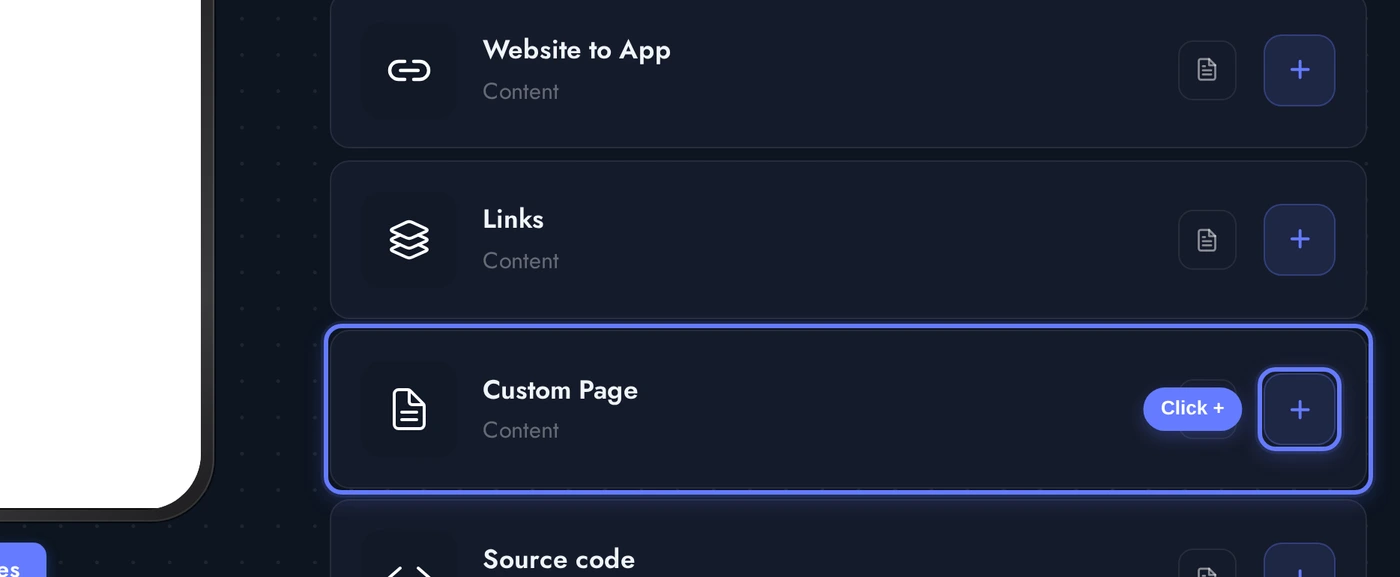 Add a Page list with the Custom Page card highlighted