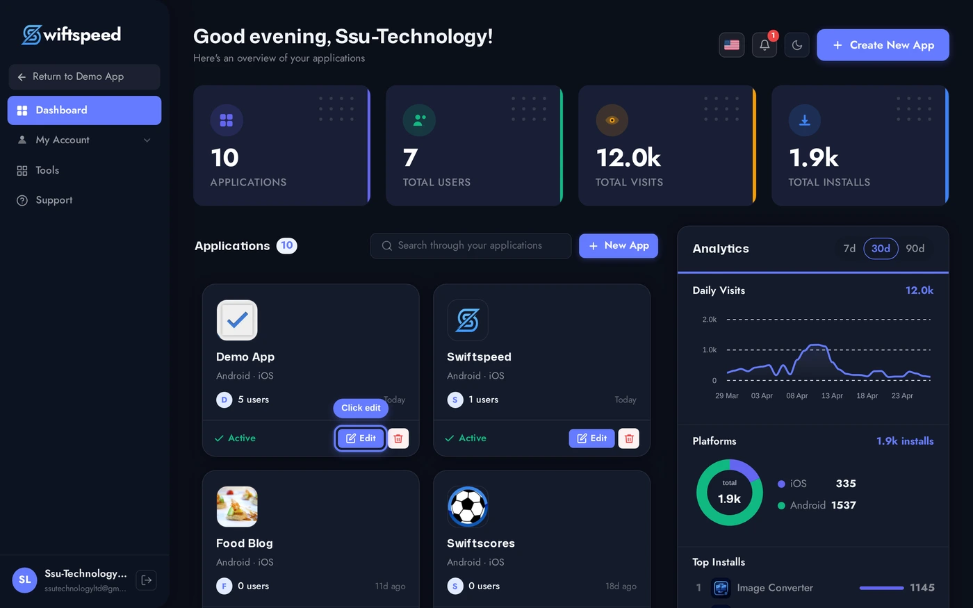 Swiftspeed dashboard with the Demo App card highlighted