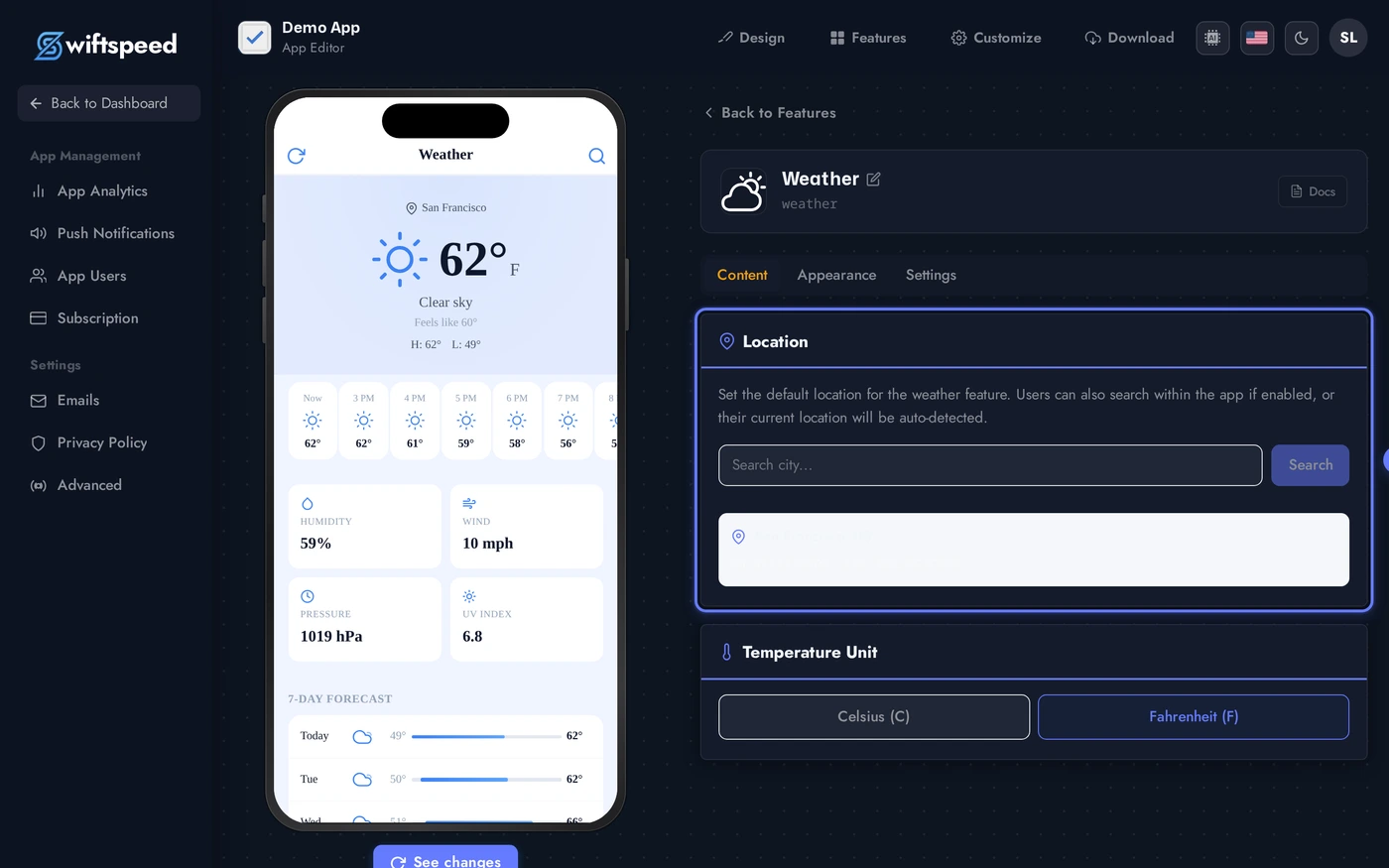 Weather editor on the Content tab with the seeded San Francisco location and &deg;F unit toggle
