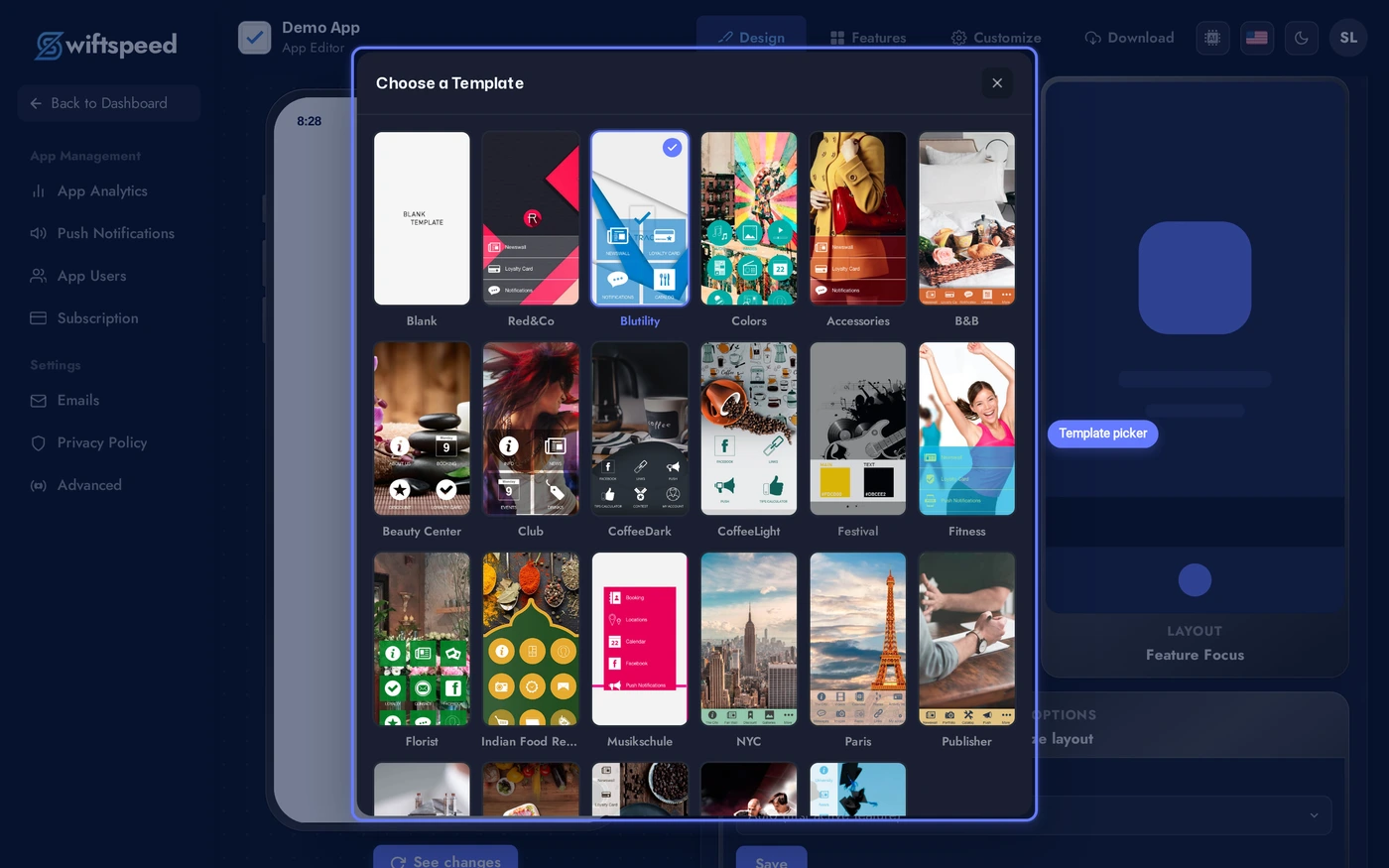 Template picker grid showing thumbnails of available templates