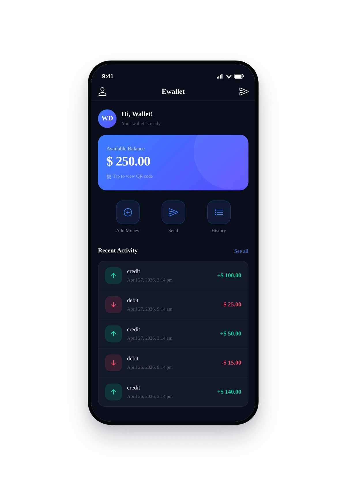 iPhone-style phone frame rendering the wallet with $250 balance and a recent transaction list