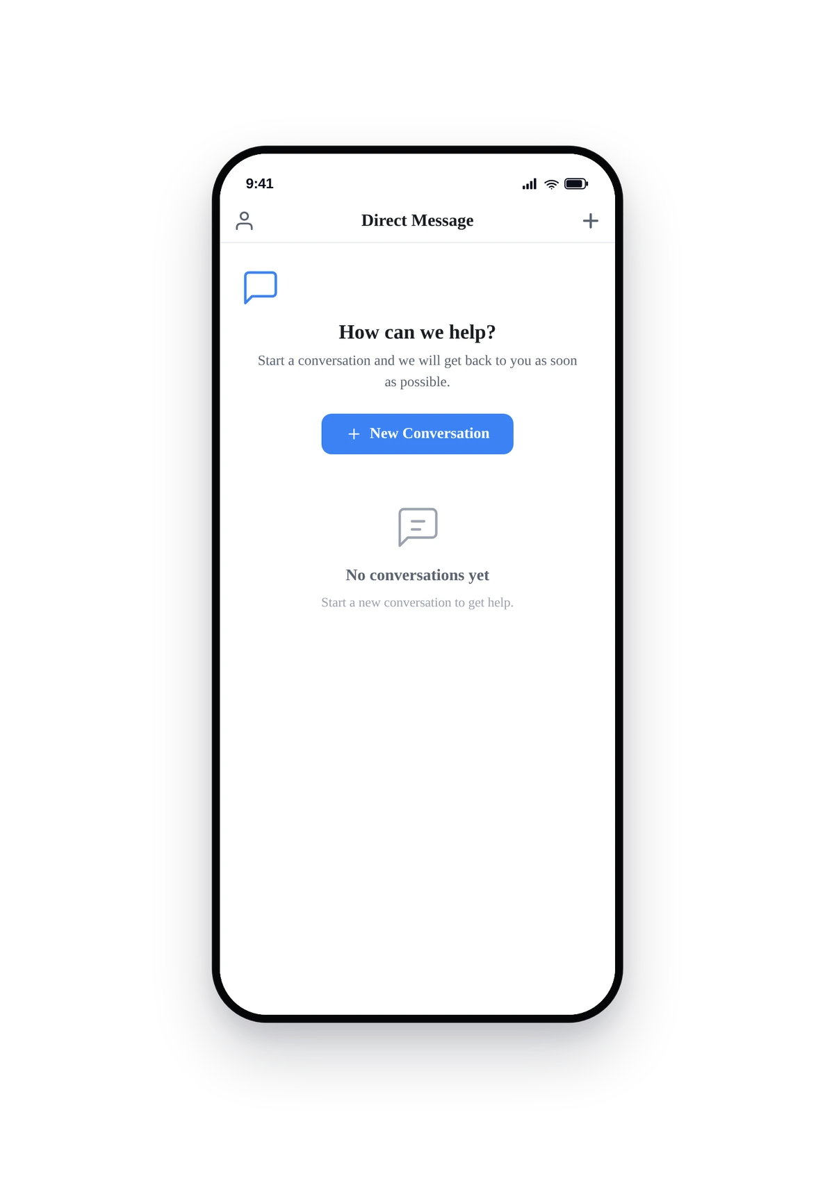 iPhone-style phone frame rendering the customer-facing inbox with welcome card and New Chat button