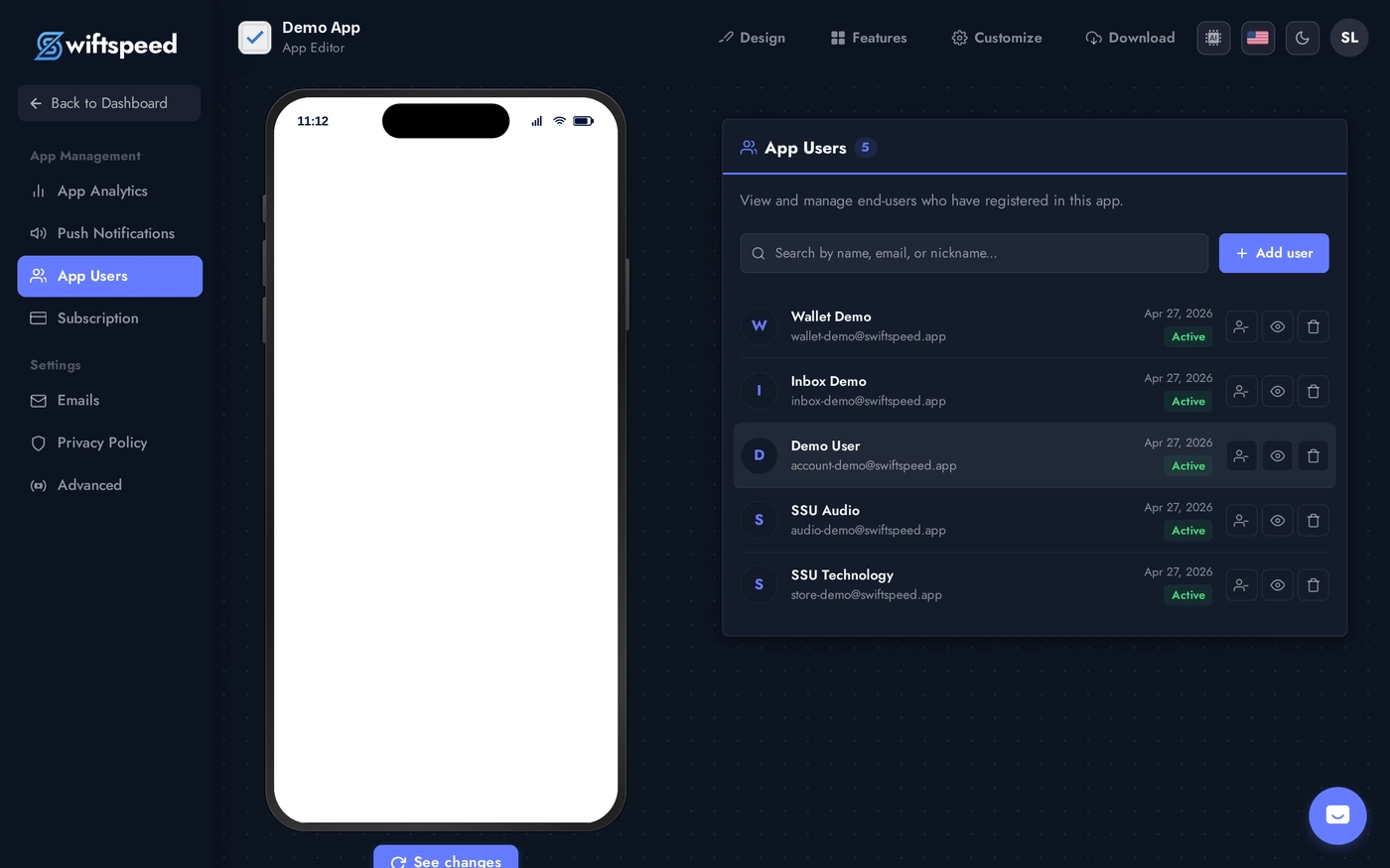 App Users page with user list, search, and Add user button
