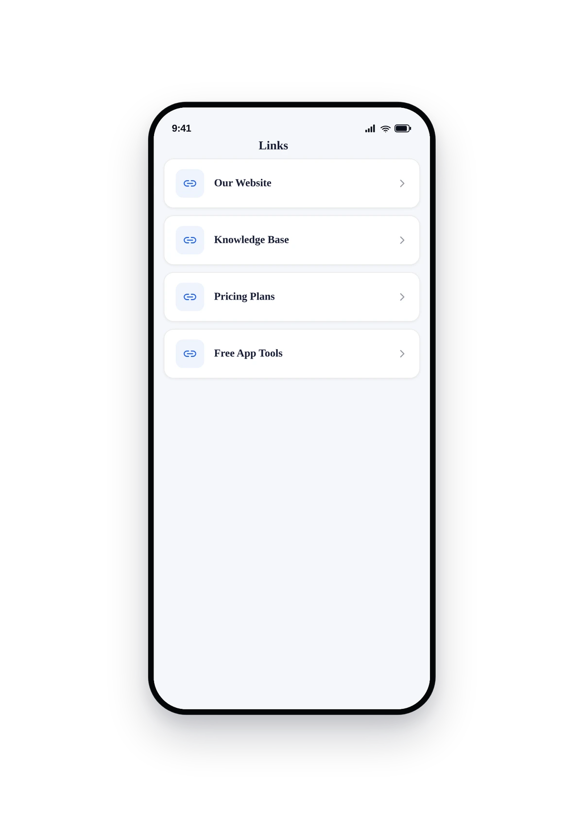 iPhone-style phone frame rendering the live Links page populated with example links and the chosen theme