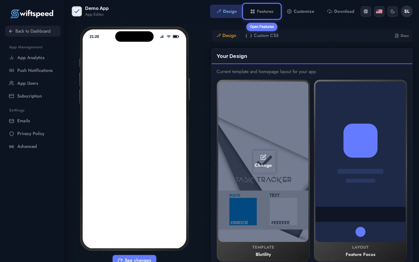 App Editor on the Design tab with the Features tab highlighted