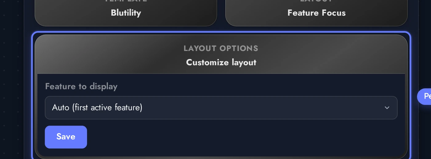 Layout Options card with selects and toggles for the active layout