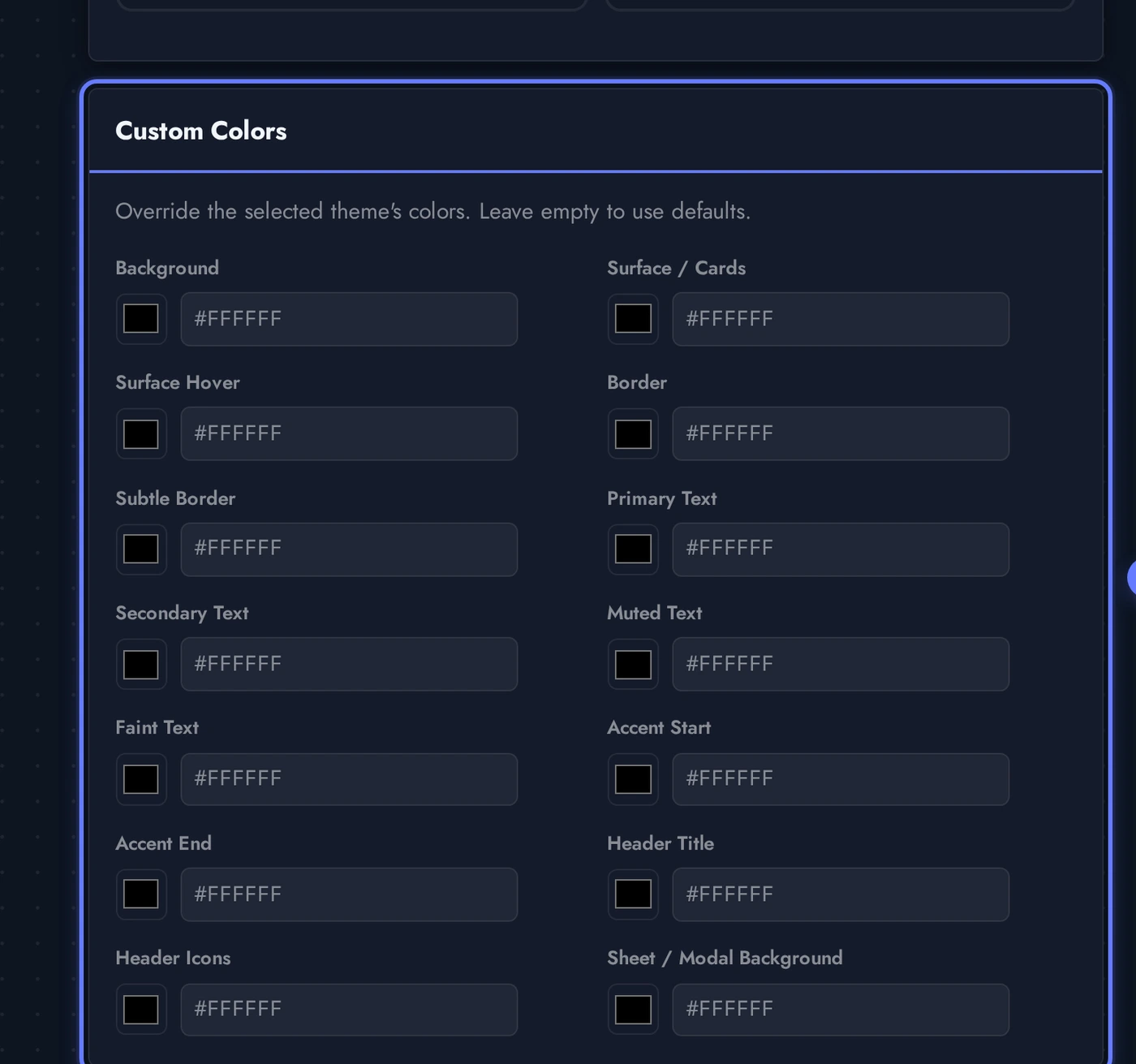 Radio editor Custom Colors panel exposing every text, surface, border, accent, and header color independently