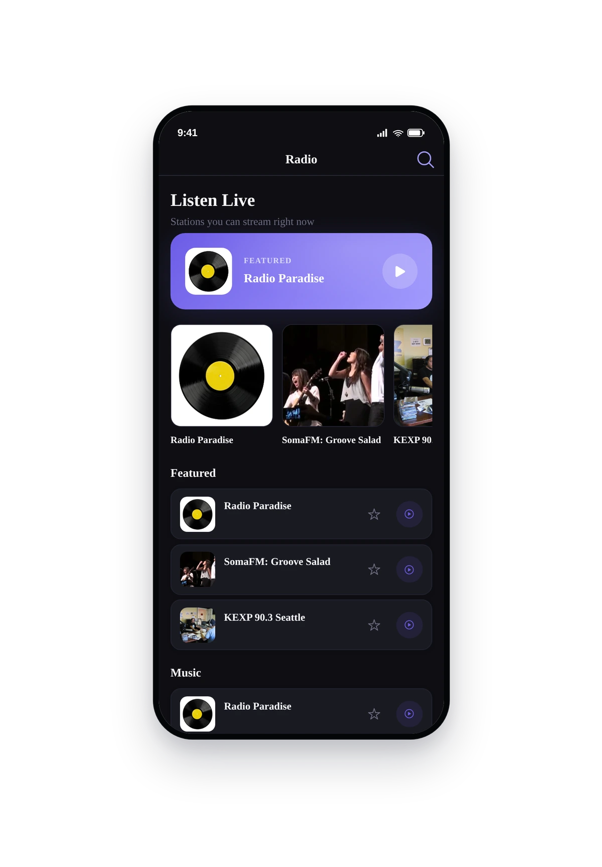 iPhone-style phone frame rendering the live radio app with featured stations, category sliders, and the now-playing mini player