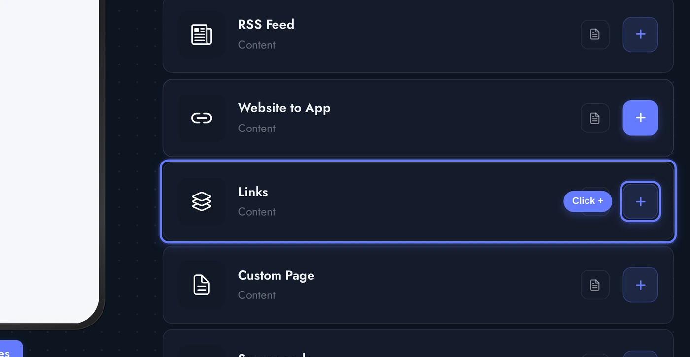 Add a Page list with the Links card highlighted and an arrow pointing at its plus button