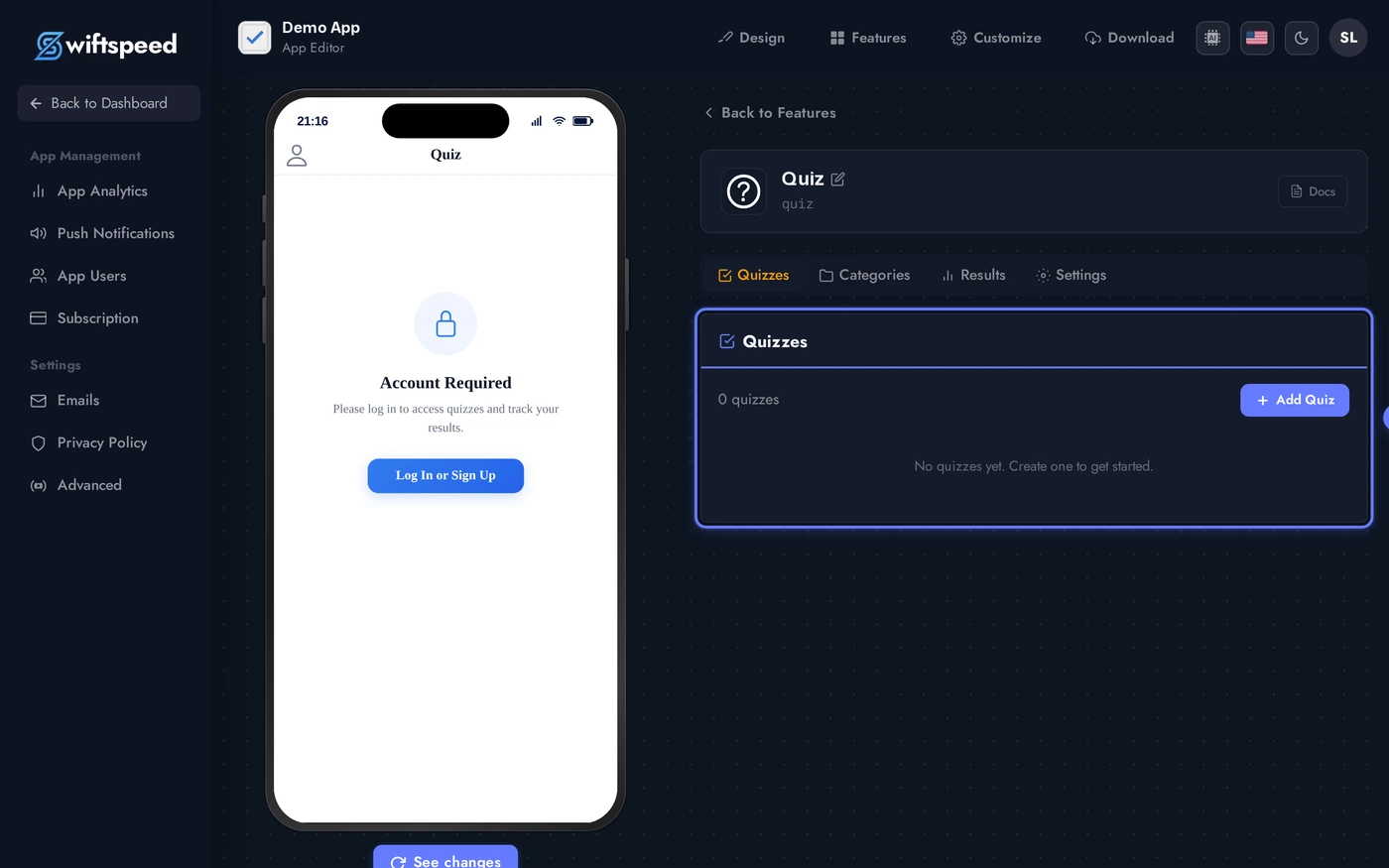 Quiz editor showing categories, quiz settings, and the question builder