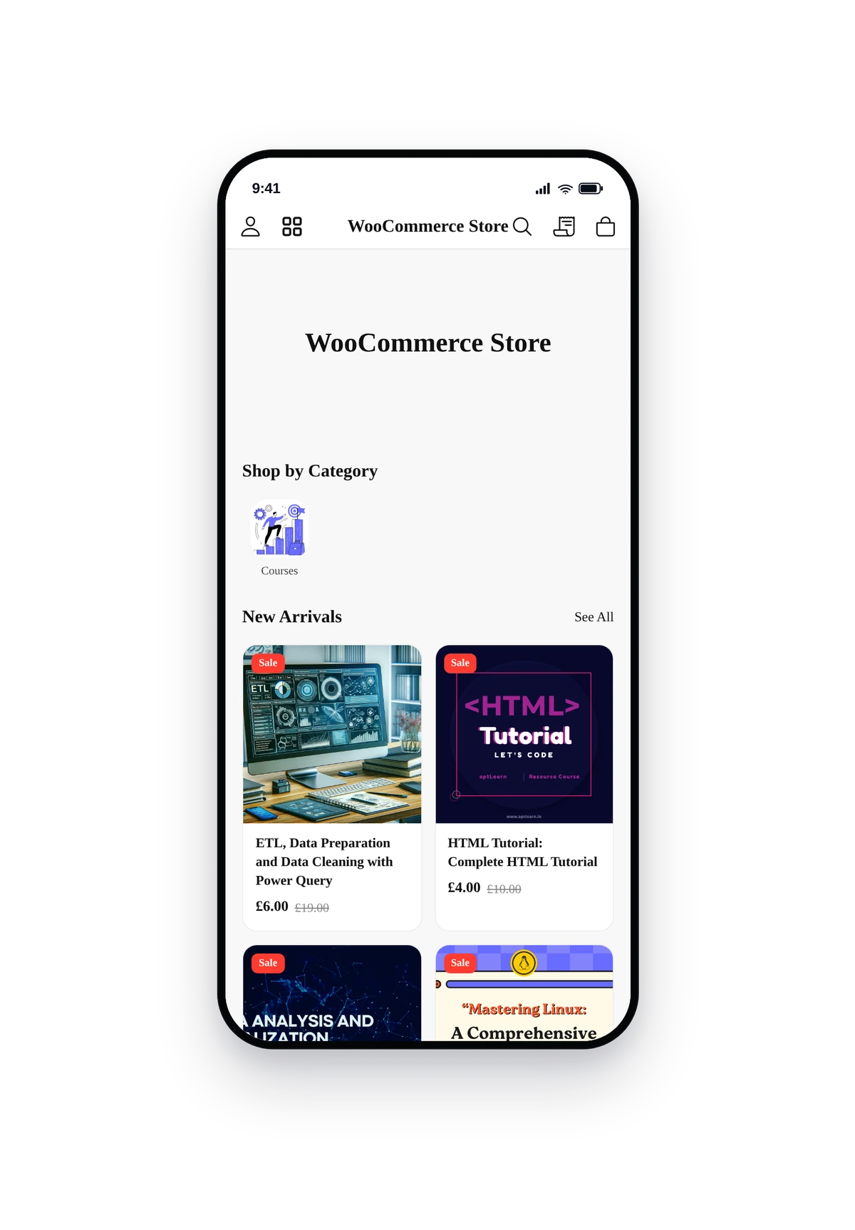 iPhone-style phone frame rendering the live WooCommerce store with synced aptlearn.io products, category navigation, and add to cart buttons