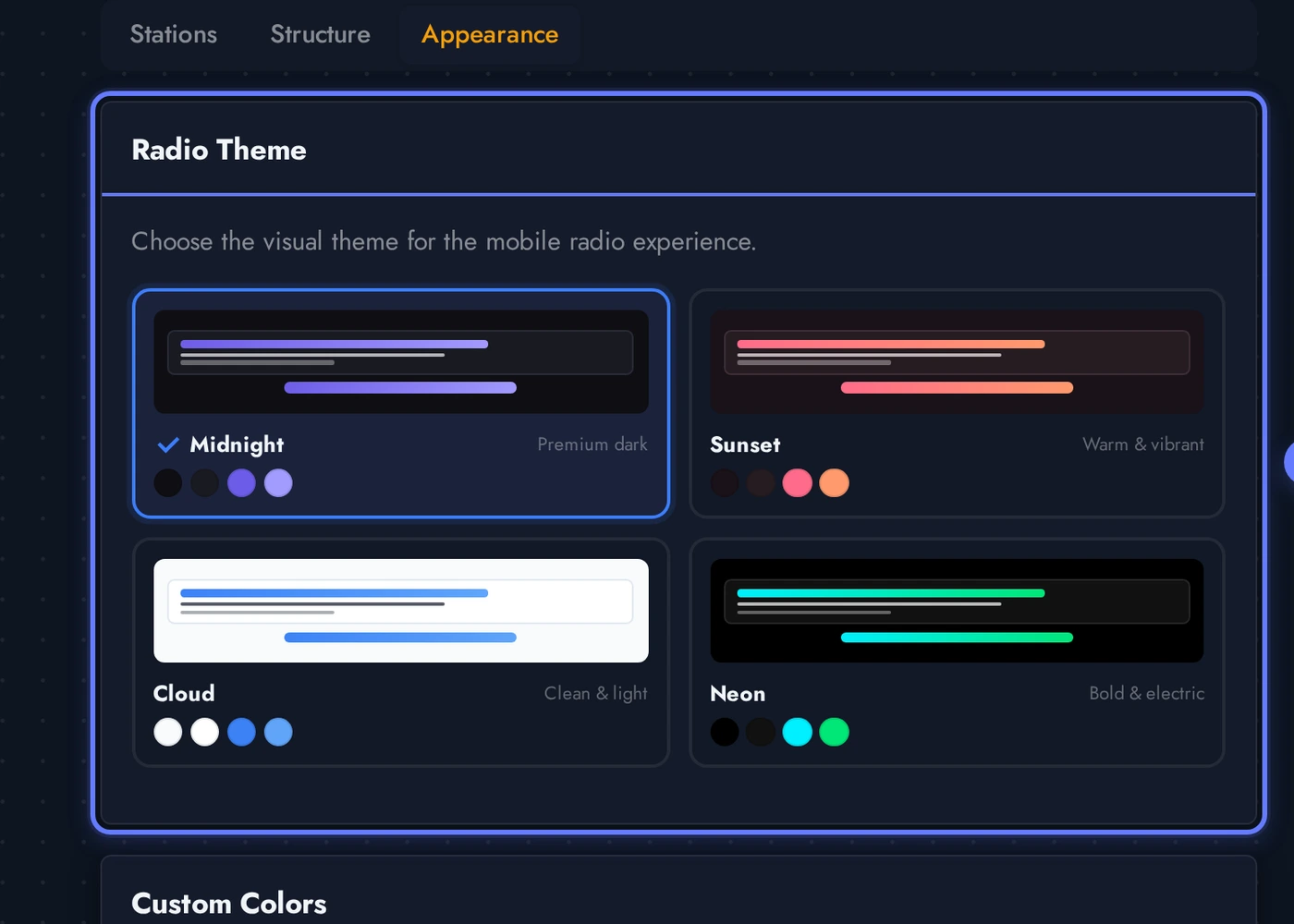 Radio editor Appearance tab showing eight themes (Midnight, Sunset, Cloud, Neon, Vinyl, Aurora, Daylight, Pulse)