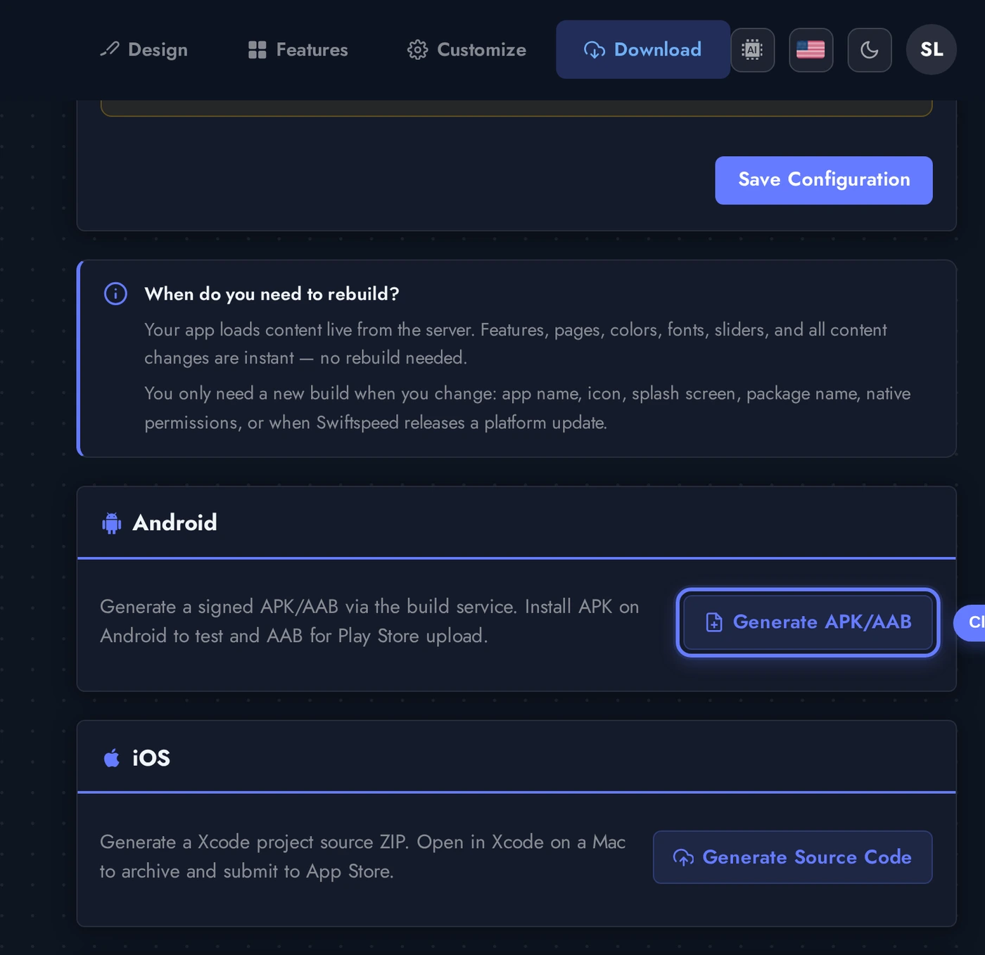 Android Build card with Generate APK / AAB button highlighted