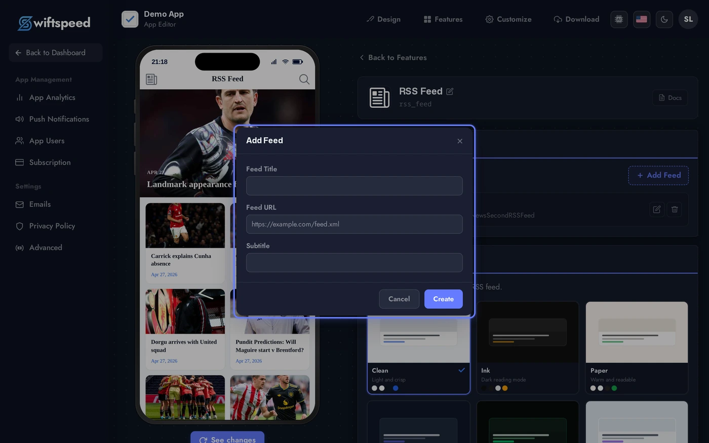 Add Feed modal with Feed Title, Feed URL, and Subtitle fields
