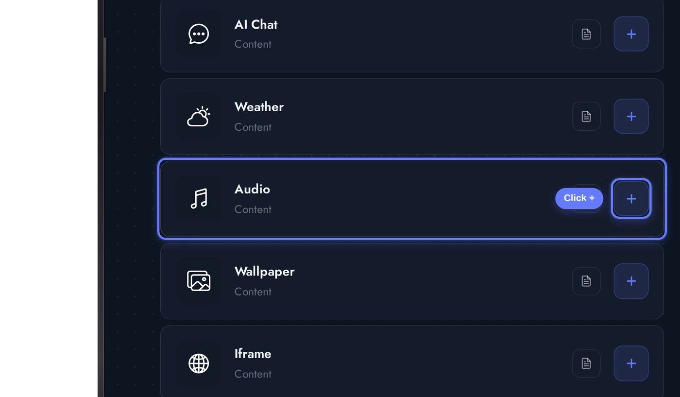 Add a Page list with the Audio card highlighted and an arrow pointing at its plus button