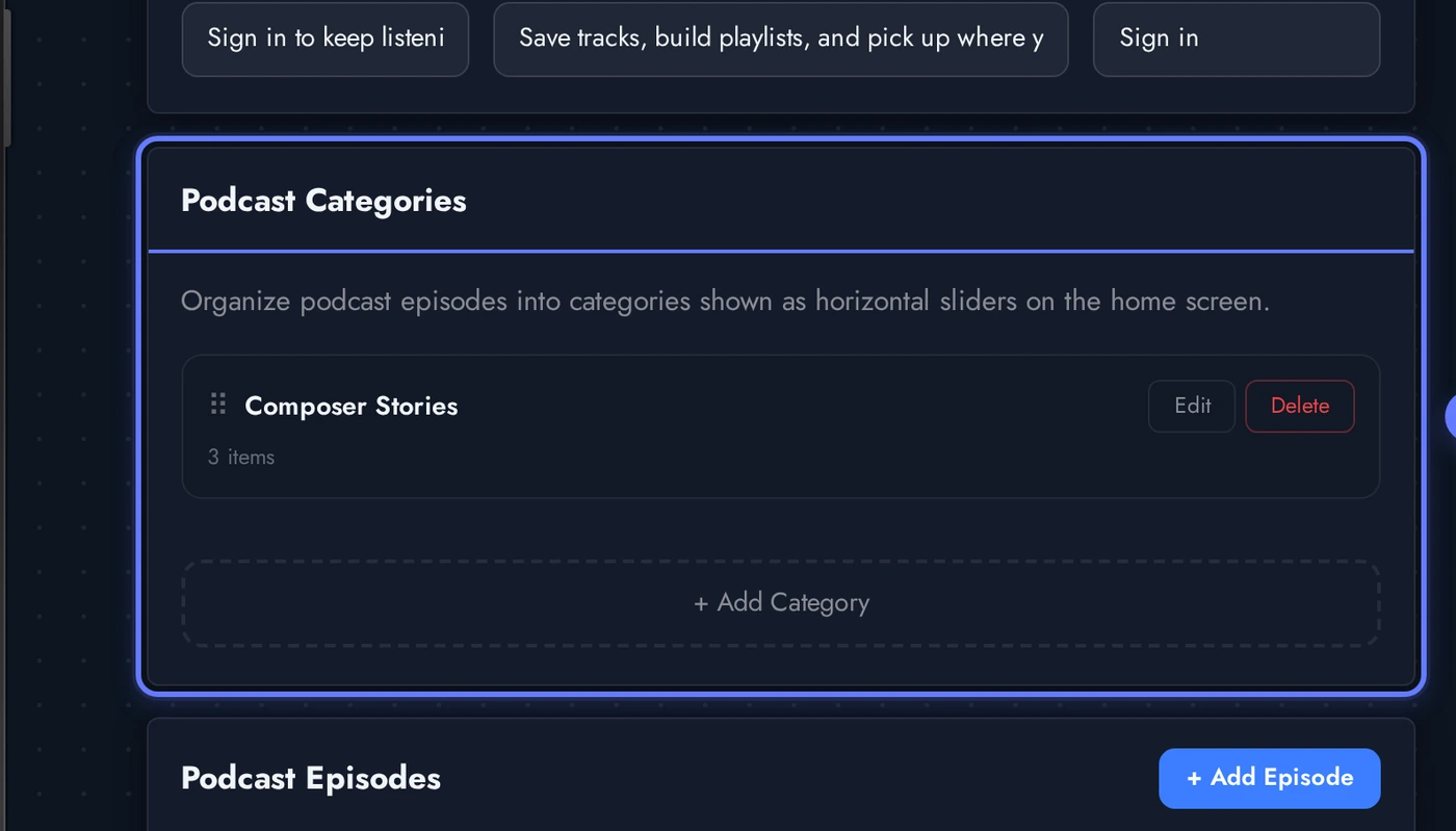 Audio editor Podcasts section showing the Composer Stories category with three seeded episodes