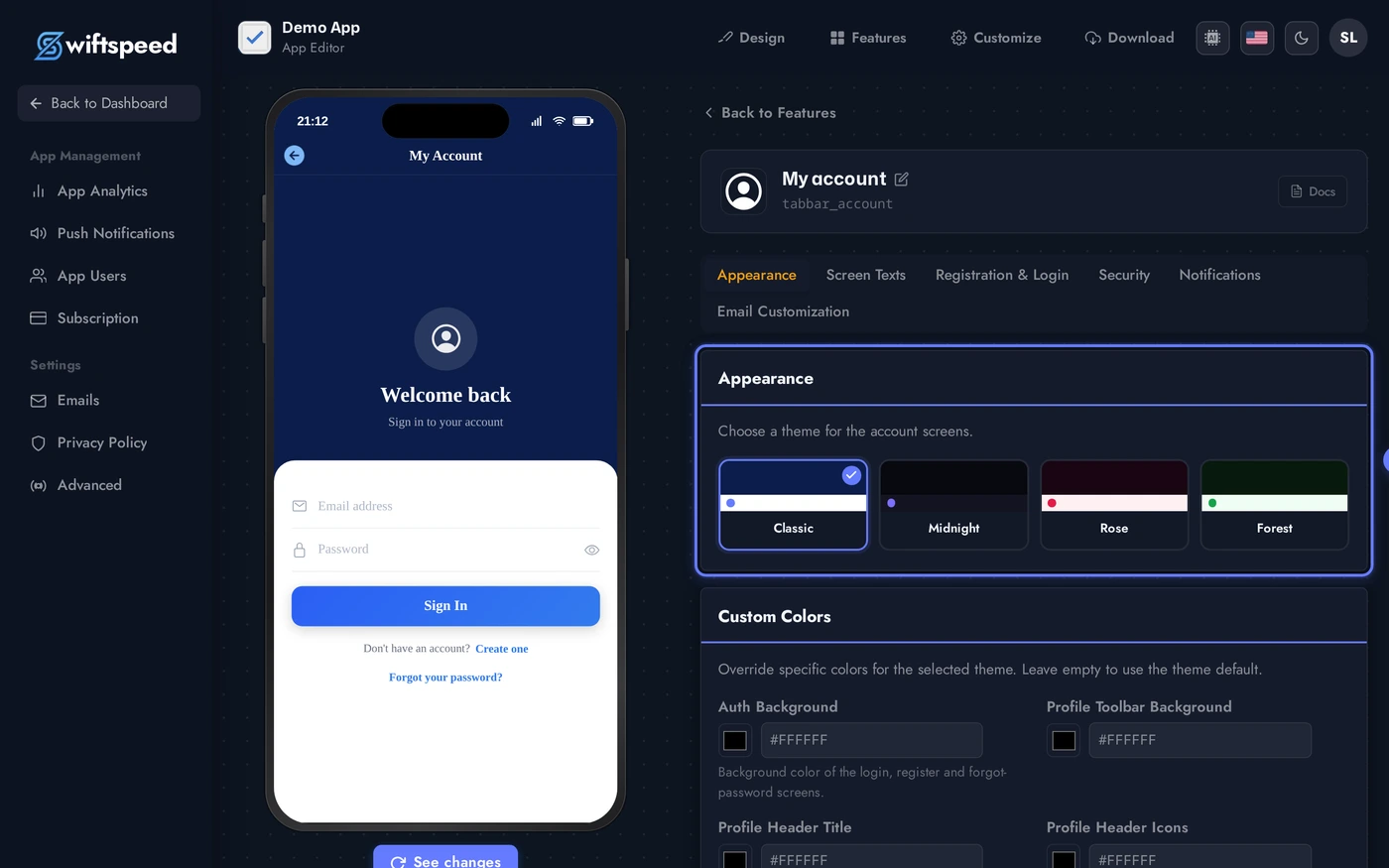 Customer Account editor showing theme picker and the extensive custom colors panel