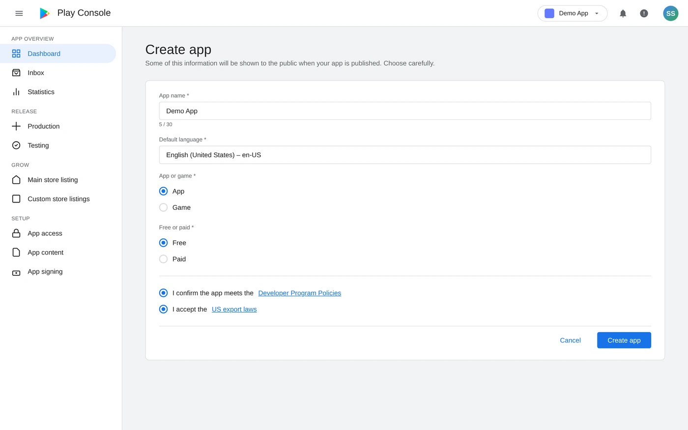 Google Play Console Create app dialog showing app name, default language, app/game, free/paid fields