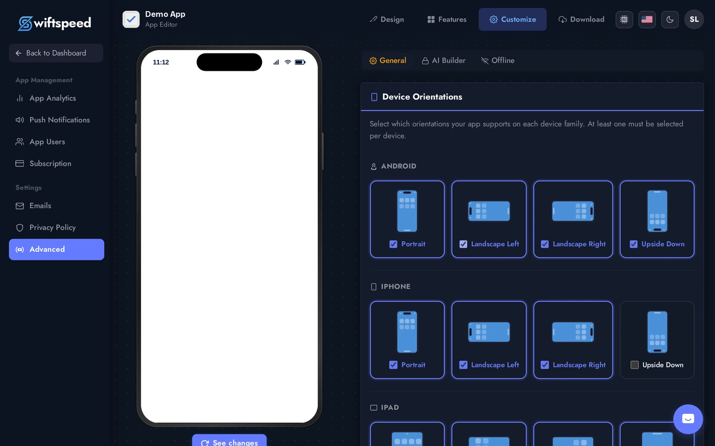 Advanced Settings page with Orientations, Namespace, About, AI cards