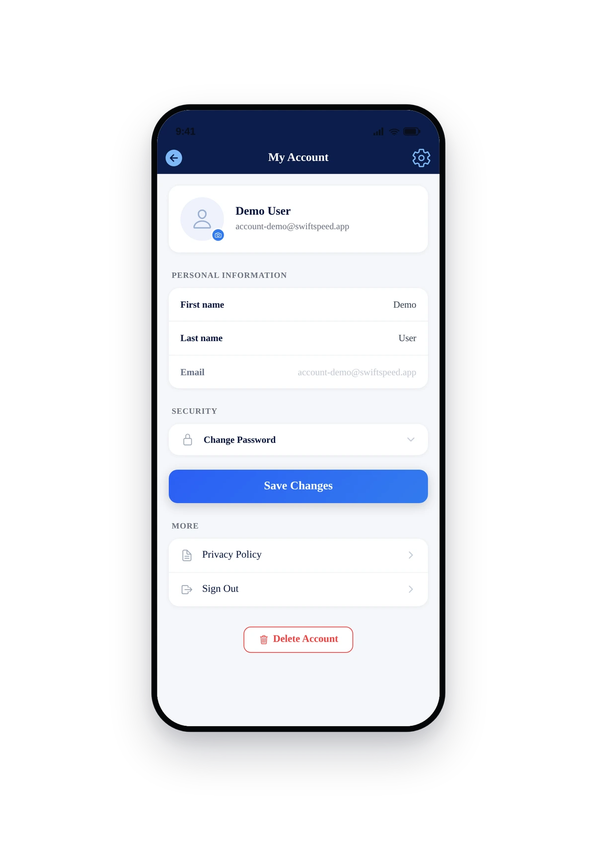 iPhone-style phone frame rendering the logged-in profile screen with avatar, name, and account actions