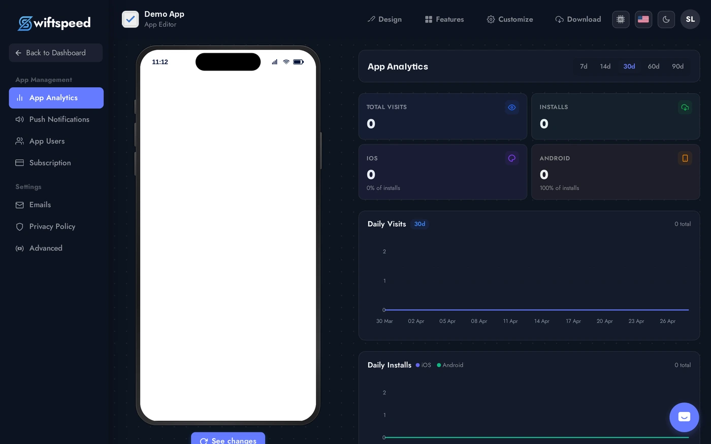 Analytics page with charts and date-range selector