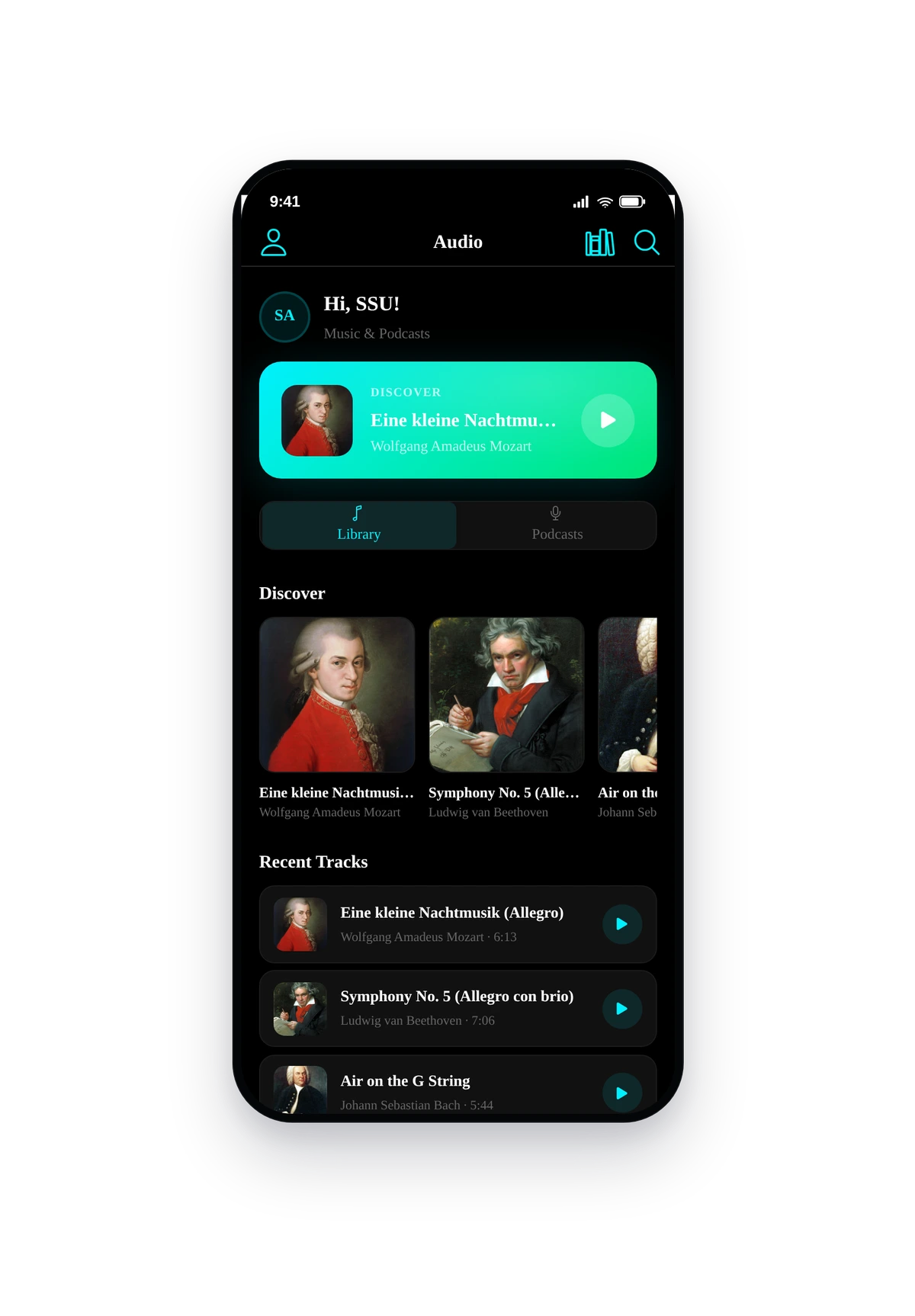 iPhone-style phone frame rendering the live music streaming app with featured tracks, genres, and the Composer Stories podcast section