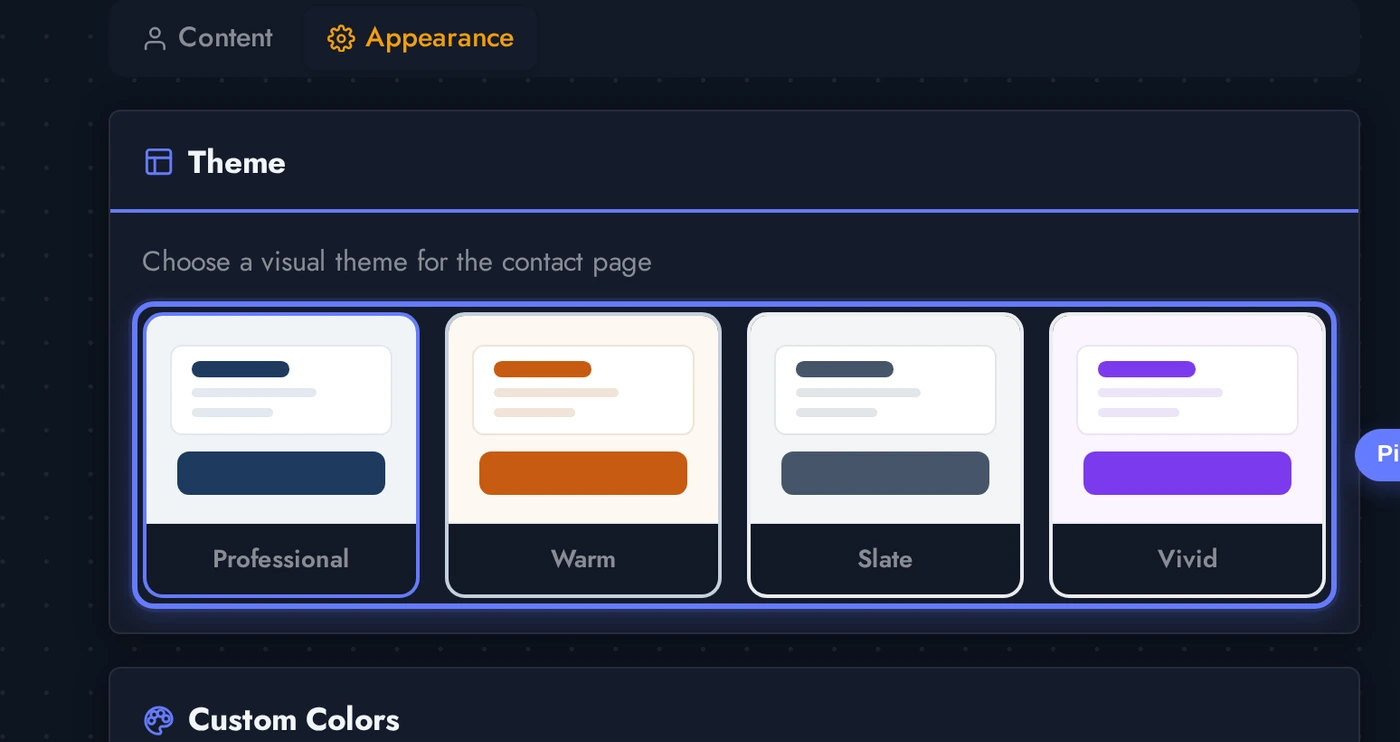 Contact editor Appearance tab showing the theme grid