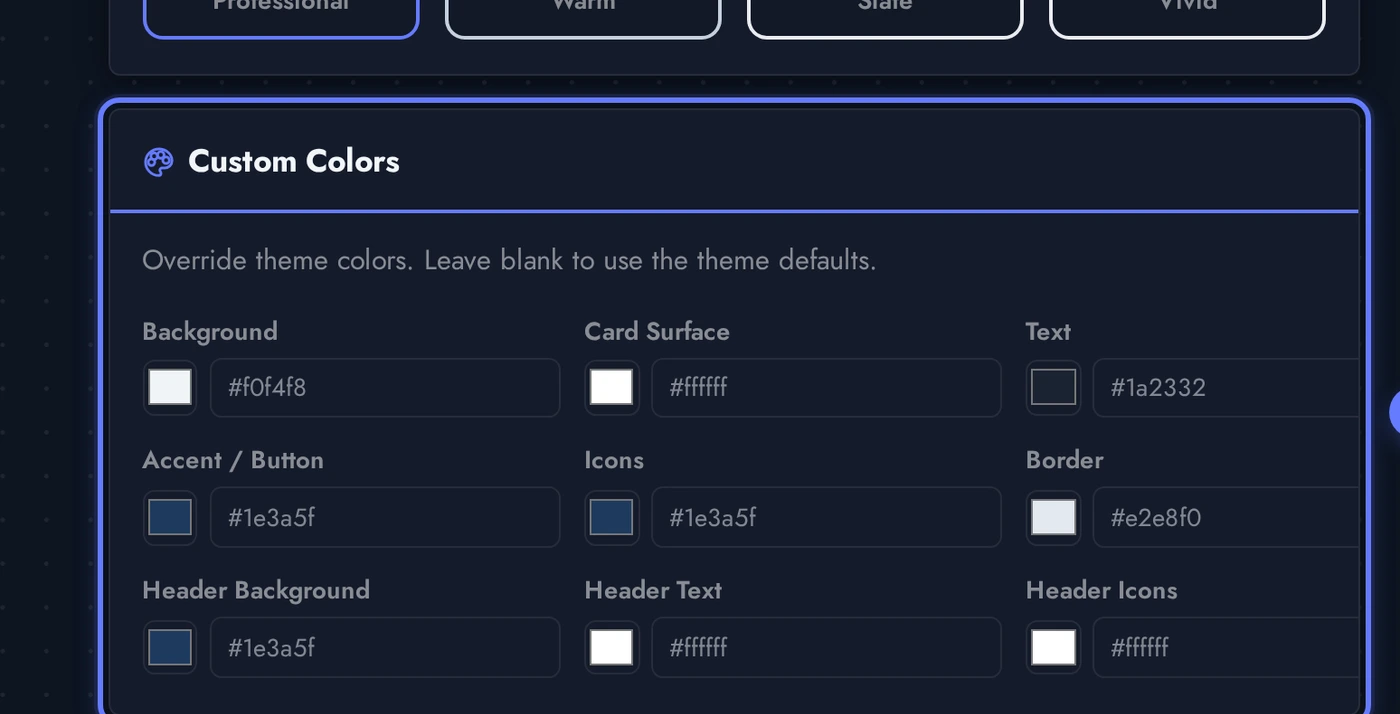 Contact editor Custom Colors panel with per-color overrides