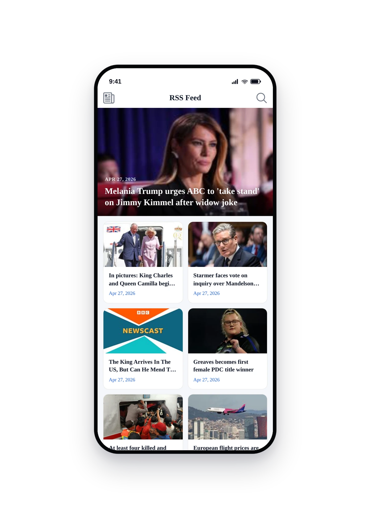 iPhone-style phone frame rendering the live RSS Feed page with article cards, hero image, and publication dates