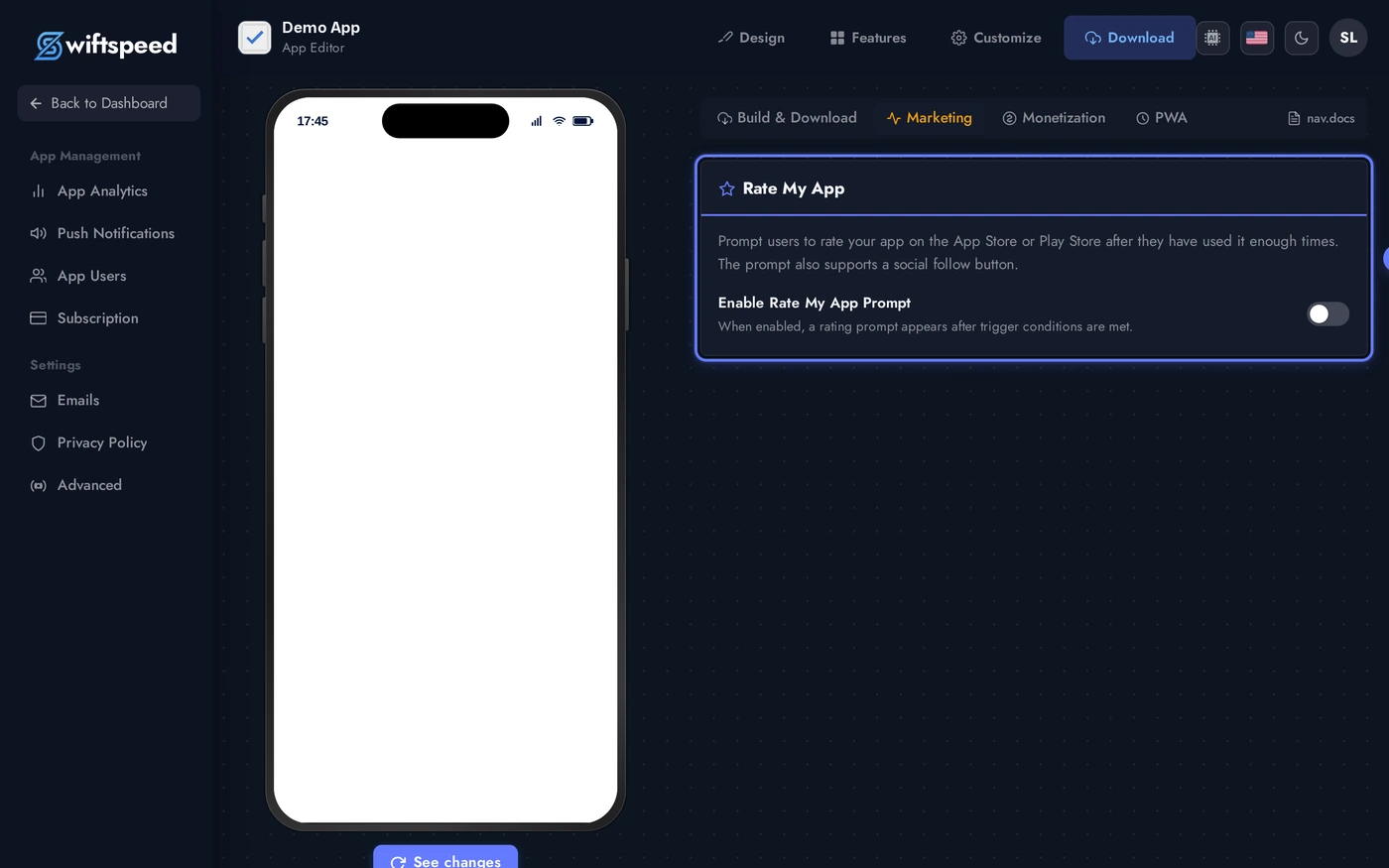 Publish > Marketing tab Rate My App card with Enable prompt toggle, Store URLs, and Social Follow