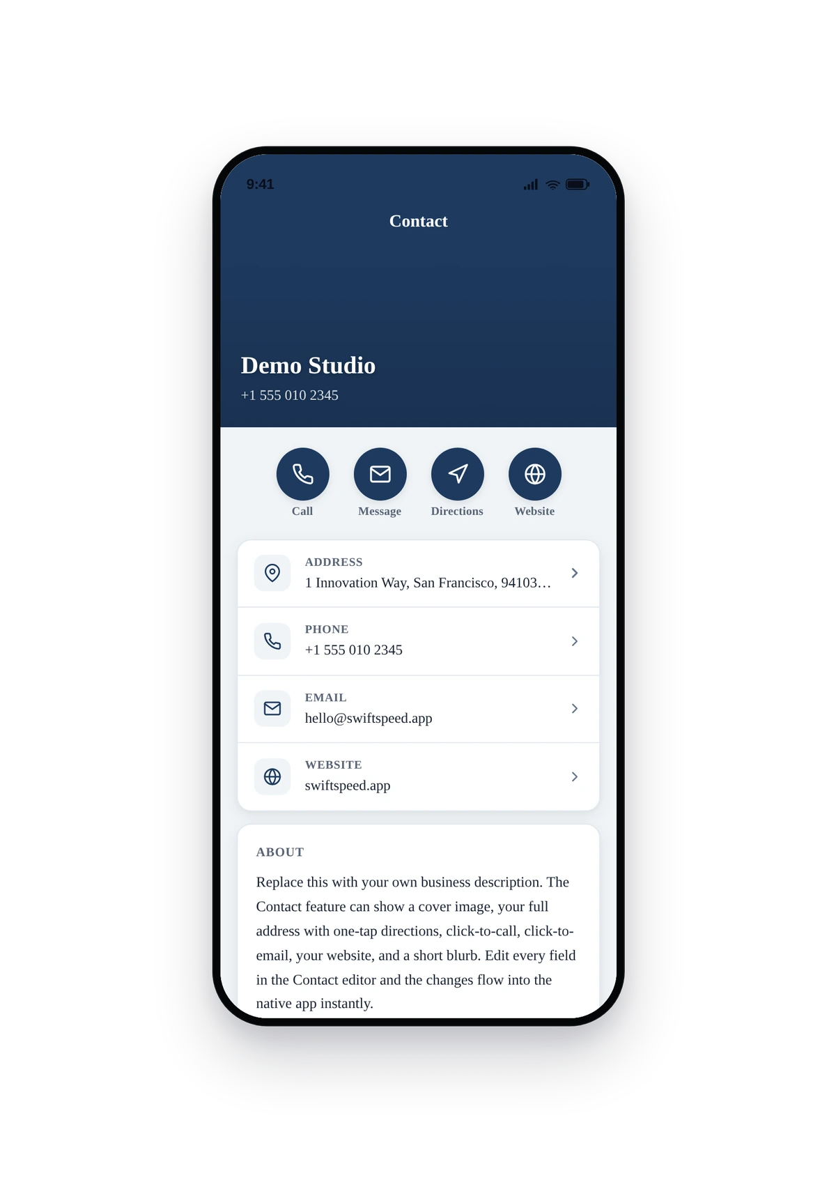 iPhone-style phone frame rendering the live contact page with cover, business info, tap-to-call, tap-to-email, address, and Get Directions