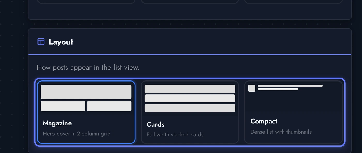 WordPress editor layout grid showing magazine, cards, and compact previews for the mobile app