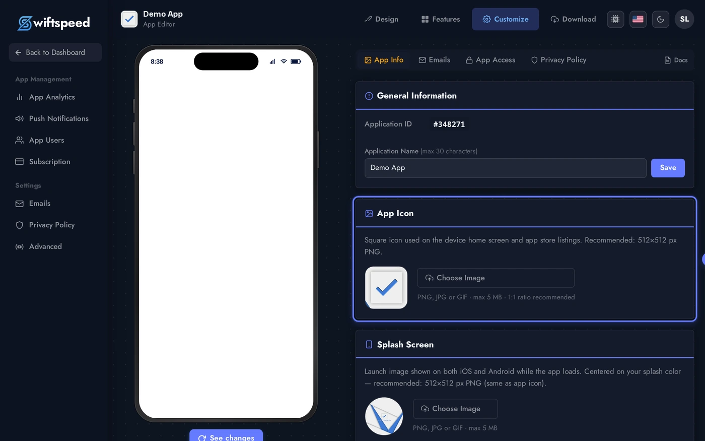 Customize page with the General Info, App Icon, and Splash Screen cards visible