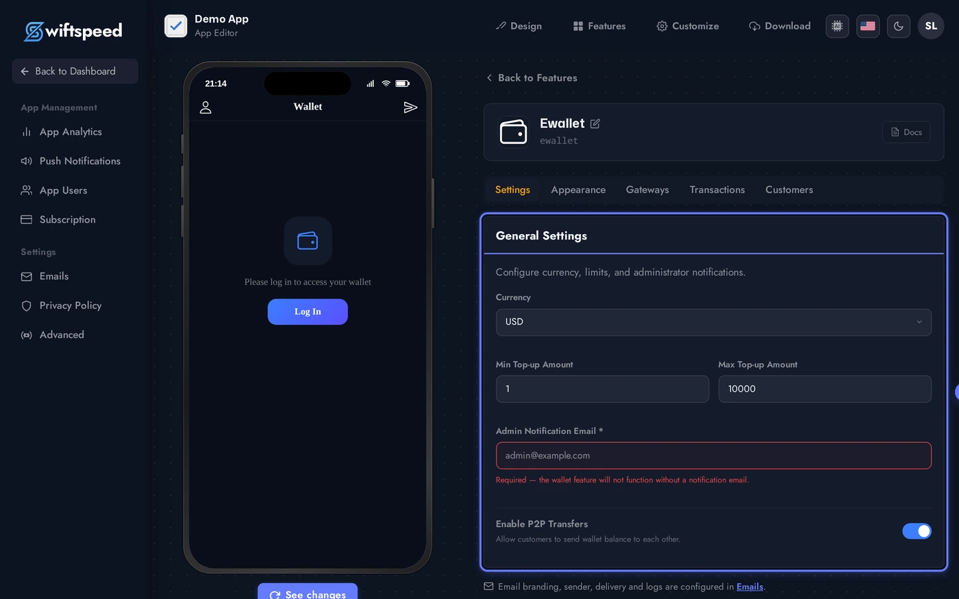 Ewallet editor showing currency, payment gateways, and appearance cards
