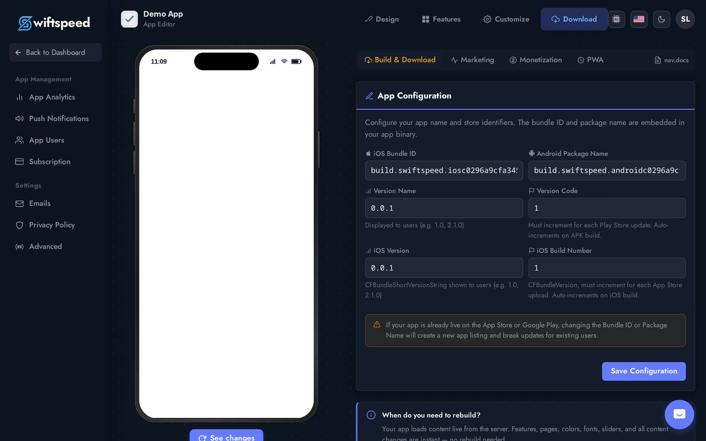 Build card on the Publish page with Generate APK and Generate AAB buttons