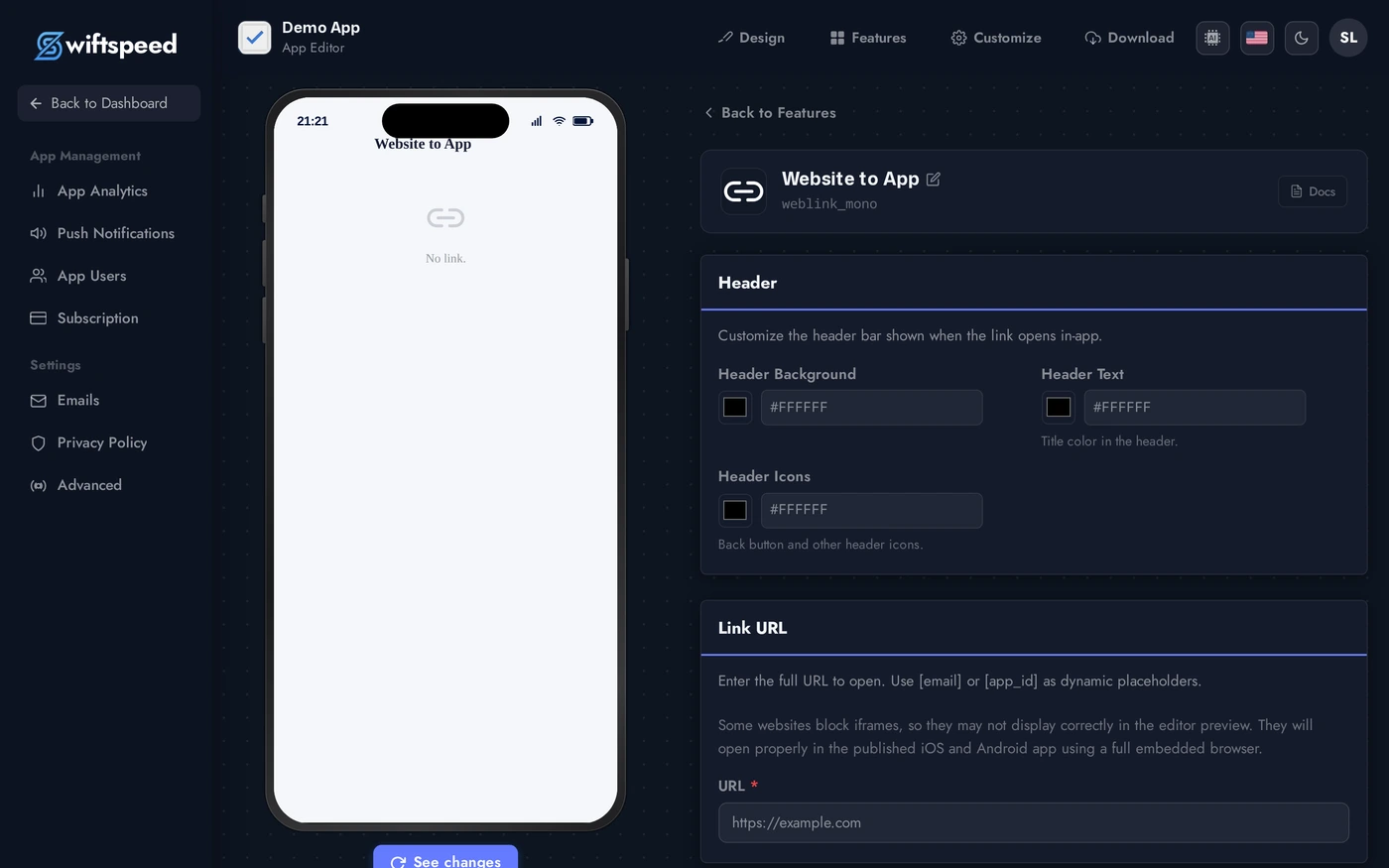 Website to App editor with URL, title, and Open Mode (in-app / external / custom tab) fields