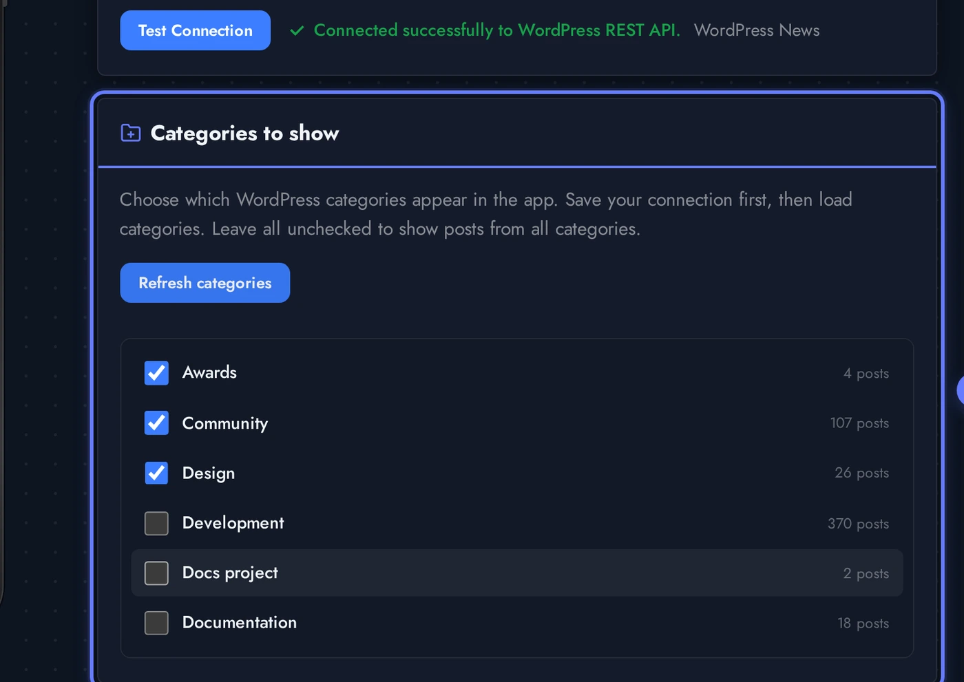 WordPress editor categories card with categories pulled from wordpress.org/news and several checkboxes ticked
