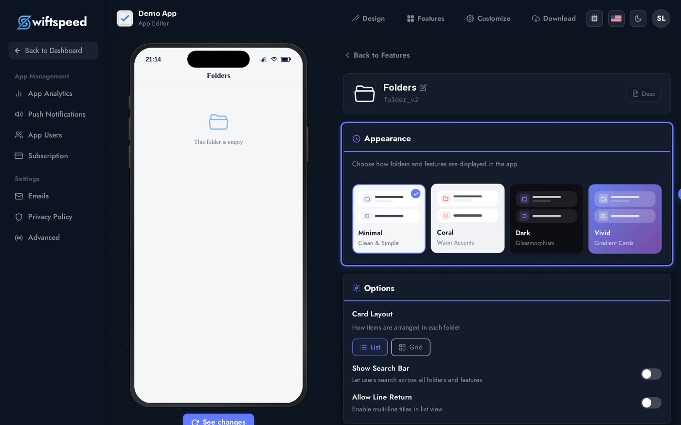 Folder editor on the Appearance card showing the theme grid and a default category below