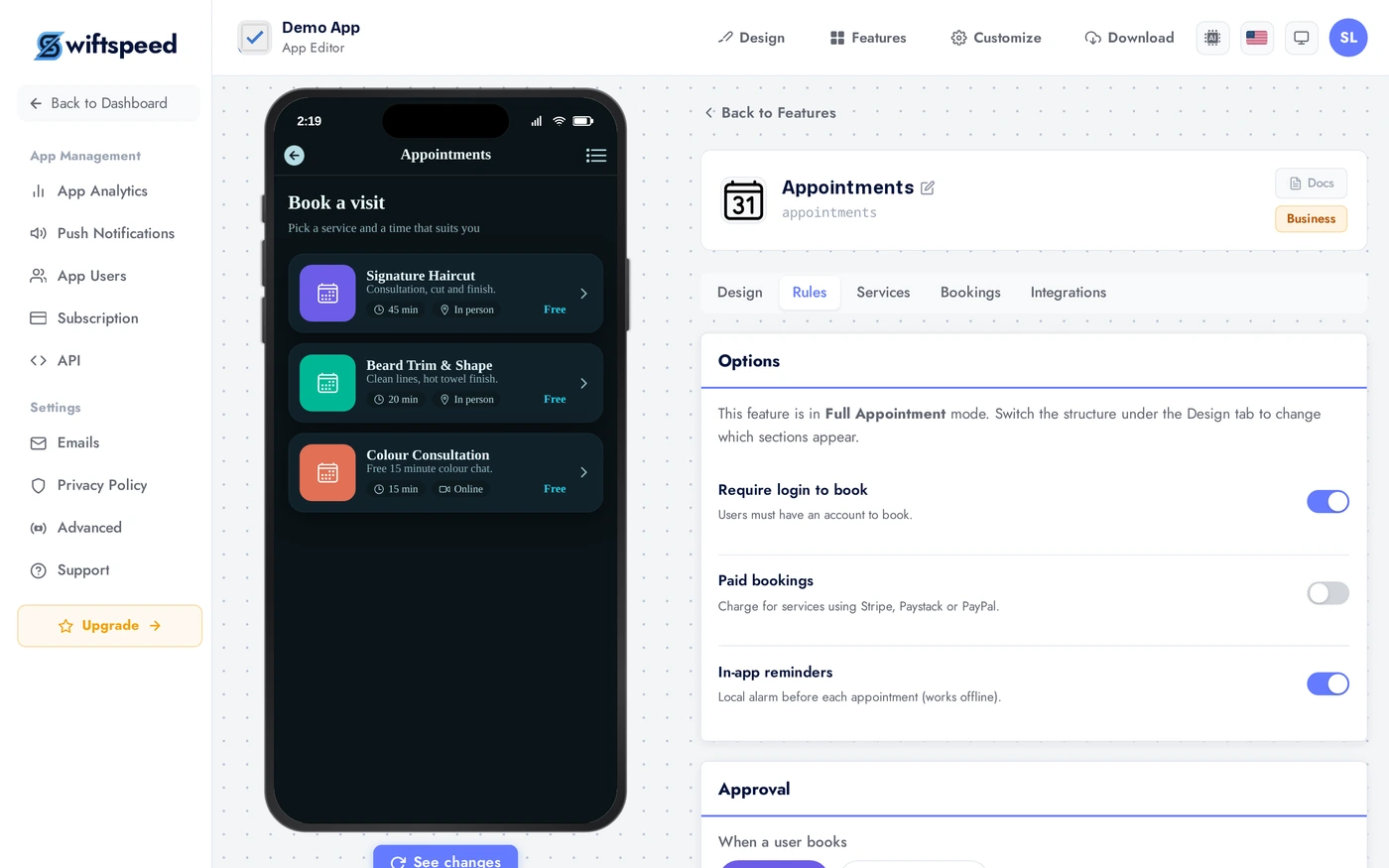 Appointments editor Rules tab with approval, buffers and notice settings